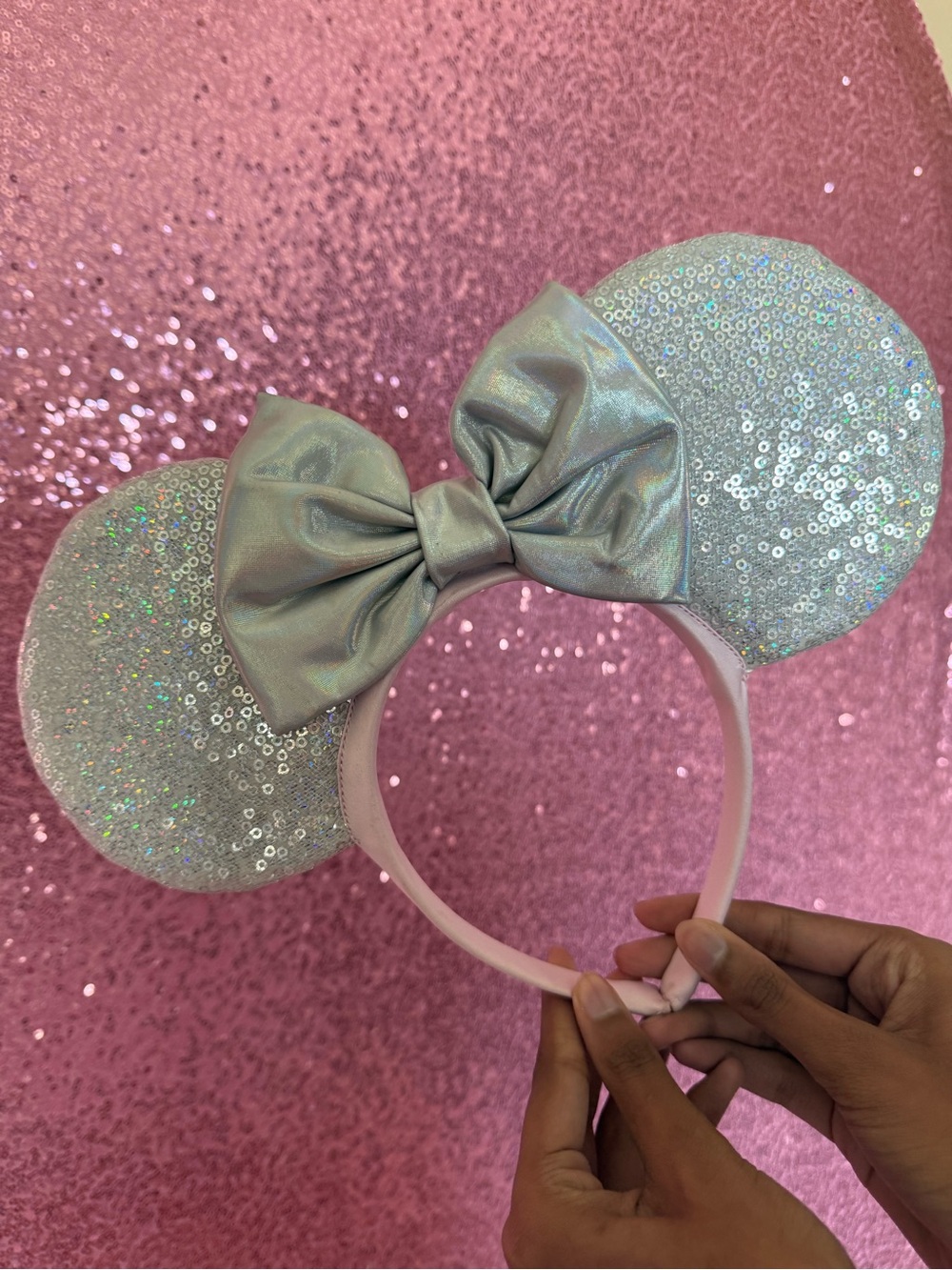 Disney100 Silver Sequin Minnie Mouse Ears Headband Iridescent Bow Pink Band